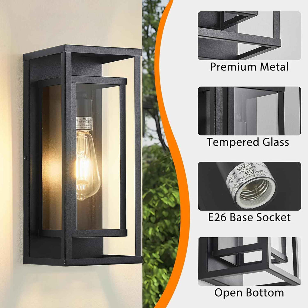 14" Black Outdoor Light Fixture, E26 Outdoor Wall Lantern 2-Pack | Exterior Lighting Fixtures, Waterproof Modern Front Porch Lights, Clear Glass Coach Lights, For Garage, Porch, Front Door