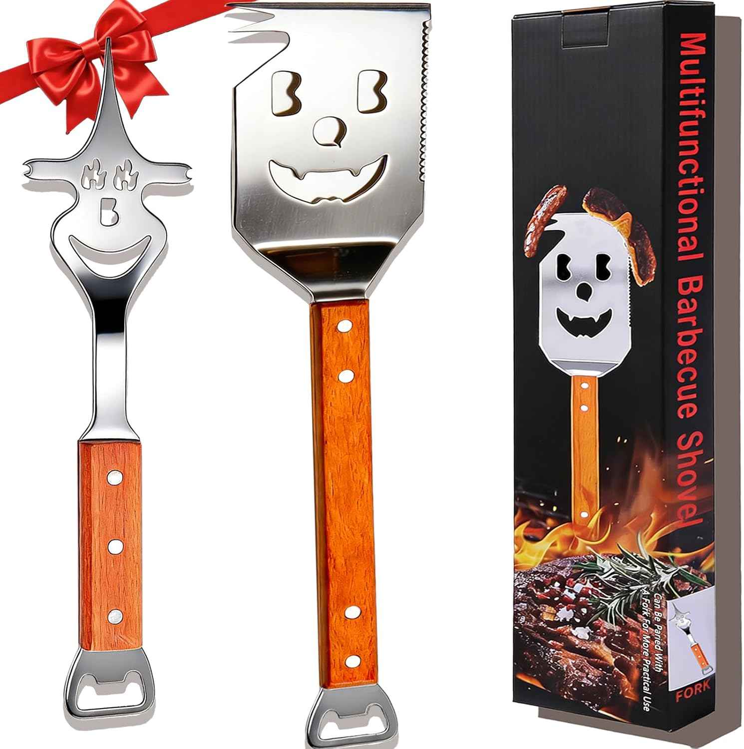 2 PCS Grilling Accessories Birthday Gifts for Men,Dad Funny Grill Tools Set | Heavy-Duty Stainless Steel 7-1 Grill Spatula & 5-1 Fork BBQ Tool Set with Wooden Handles,BBQ Accessories for Outdoor Grilling