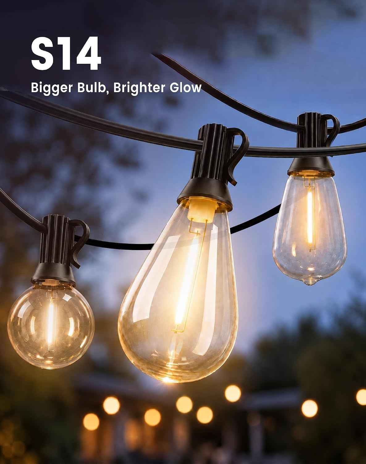 Outdoor String Lights 110FT(100+10) Waterproof, 50 LED S14 Shatterproof Edison Bulbs, 2FT Spacing, Extension Cord, Connectable Plug in Hanging Patio Lights for Outside, Backyard, Warm White