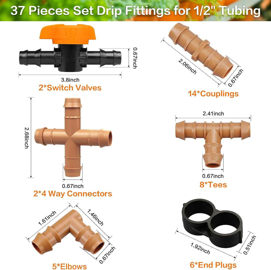 Drip Irrigation Fittings Kit for 1/2" Tubing, 37 Pieces 1/2 Inch Drip Line Connectors for Drip Sprinkler Systems - 14 Couplings, 8 Tees, 6 End Caps, 5 Elbows, 2 cross connectors and 2 drip valves