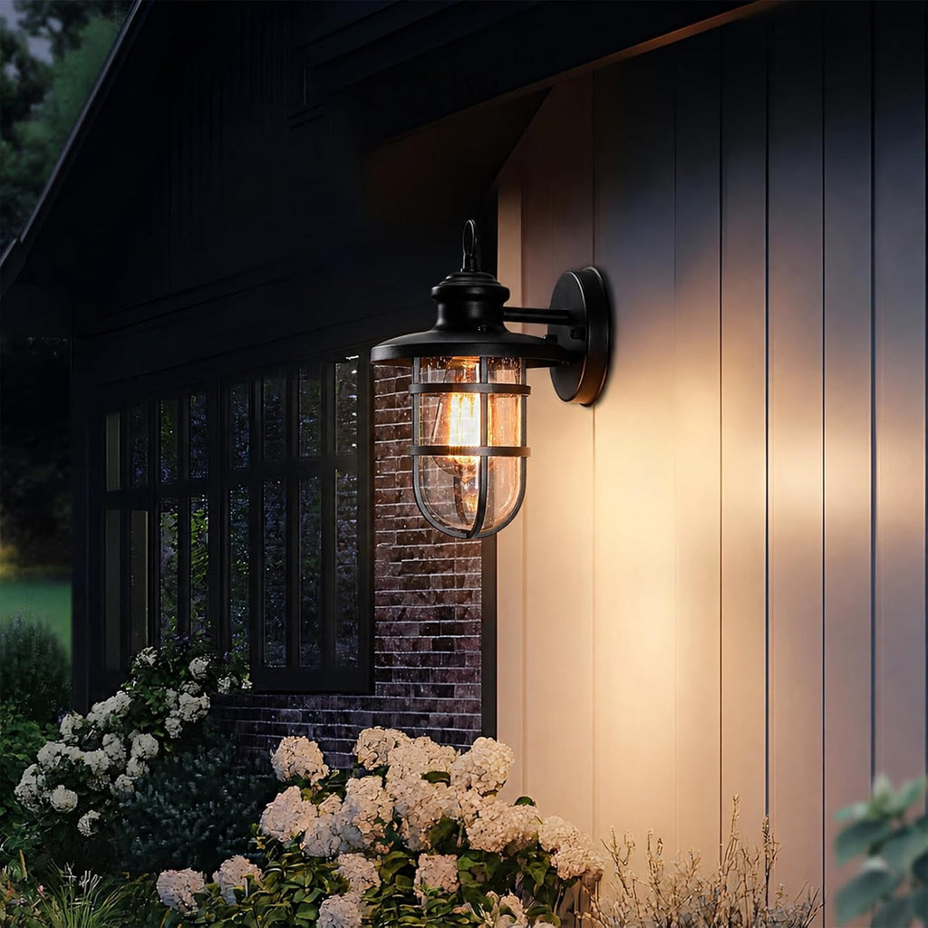 Outdoor Wall Lights Set of 2, Porch Light Fixtures with Seeded Glass | Rustic Coastal style, Industrial Nautical Metal Cage, E26 Base, Waterproof, Anti-Rust, Weather-Resistant, for Patio Garage