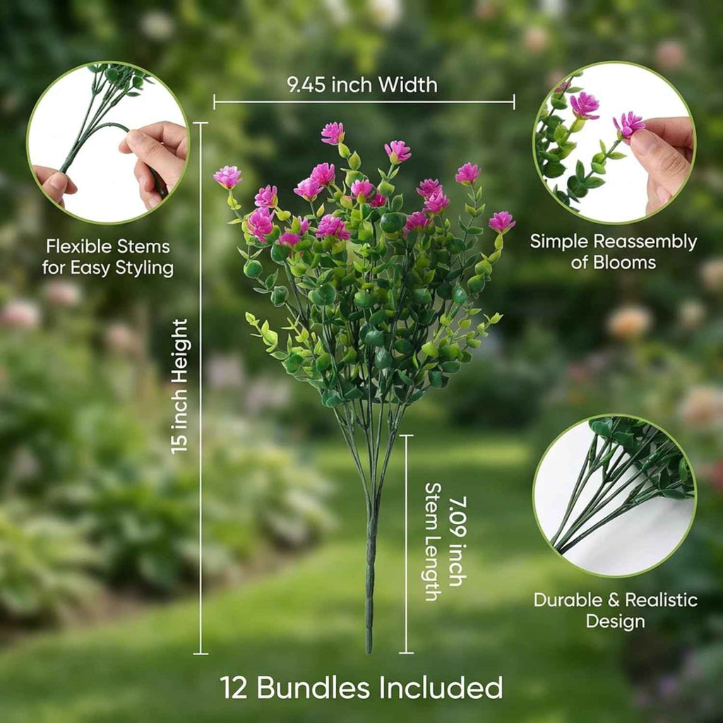 Artificial Flowers Outdoor Fake Plants with Eucalyptus Leaves- 12 Bundles UV Resistant Faux Plastic Greenery for Home, Garden, Porch, and Patio Decoration (Magenta)