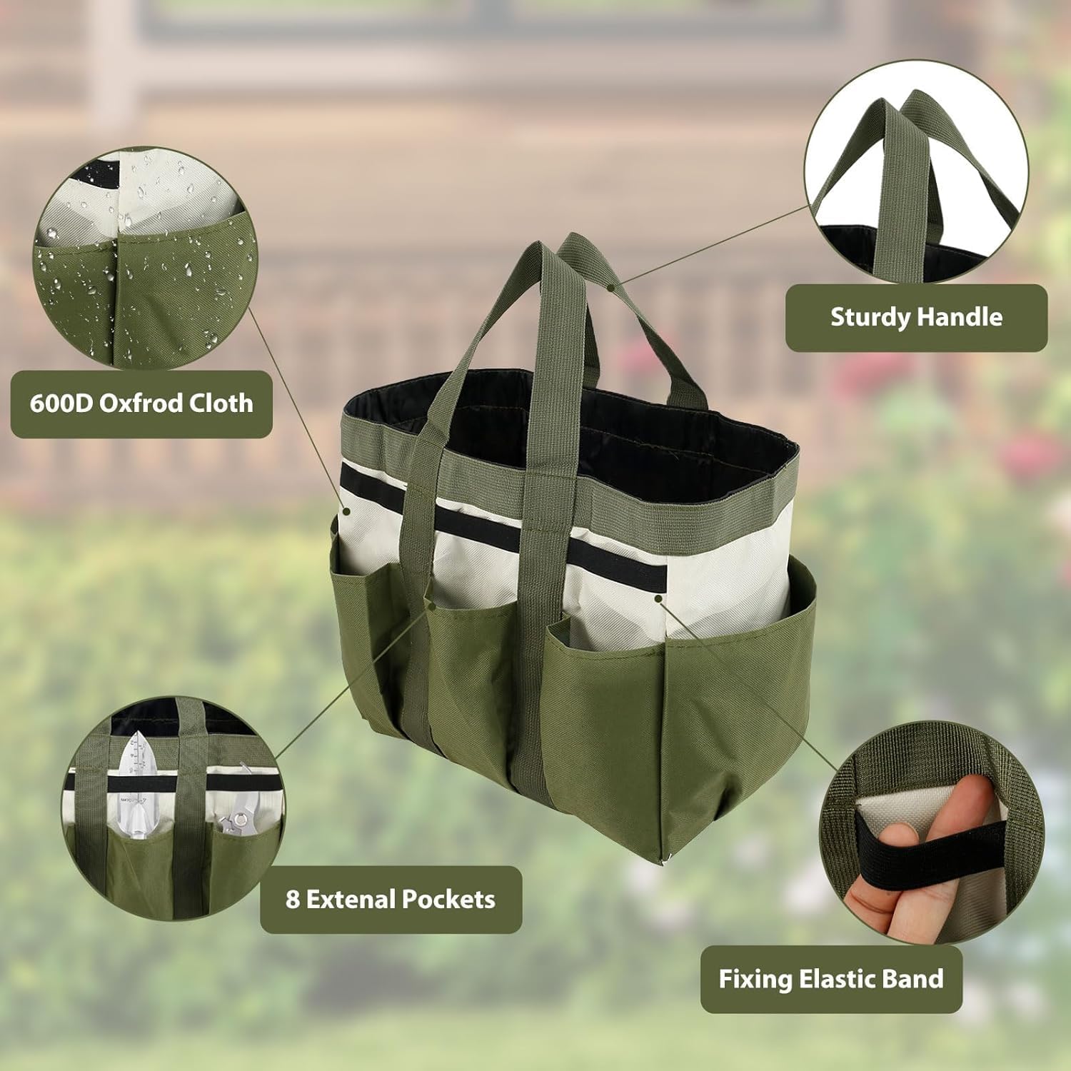 Garden Tool Bag Organizer, Tote Storage Bag with 8 Pocket, Heavy Duty Oxford Garden Tote Caddy, Gardening Tool Kit Holder for Indoor and Outdoor, Gifts for Men Women