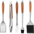 Grill Utensils Set with Rosewood Handle, BBQ Accessories Tools Set of 5 | Grilling Tongs, Spatula, Fork, Oil Brush, Cleaning Brush - Grilling Tools Set for Outdoor