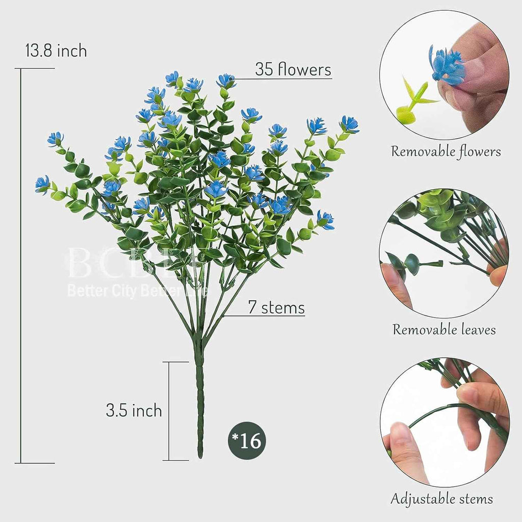 No Fade Artificial Flowers Outdoors, 16 Bundles Realistic Floral Greenery Plants UV-Anti Plants Fake Boxwood for Outdoor Indoor Home Garden Porch and Window Box Décor – Blue