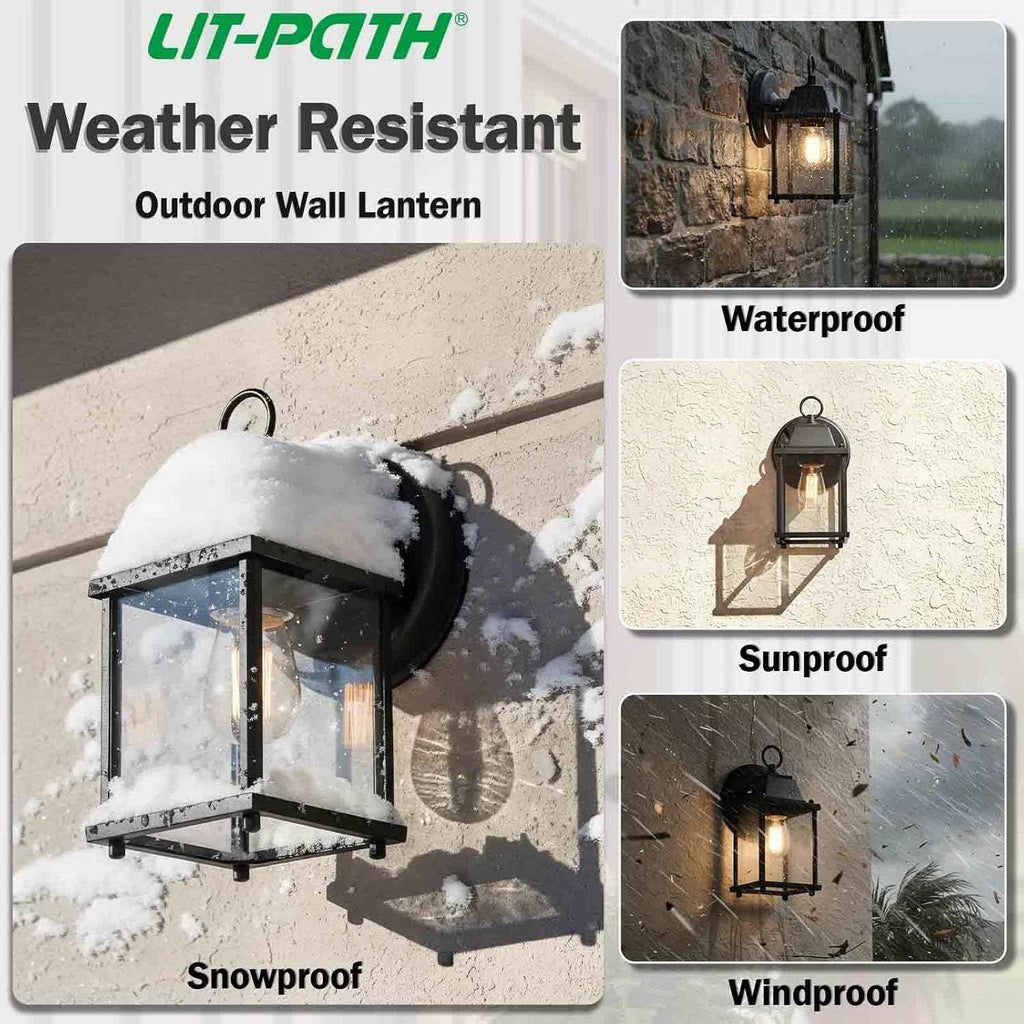 LIT-PaTH Outdoor Wall Light Fixture, Aluminum Glass, Black, 1 Pack | Exterior Porch Light Wall Sconce Lantern for House, Patio, Garage, Waterproof, E26 Socket 60W Max
