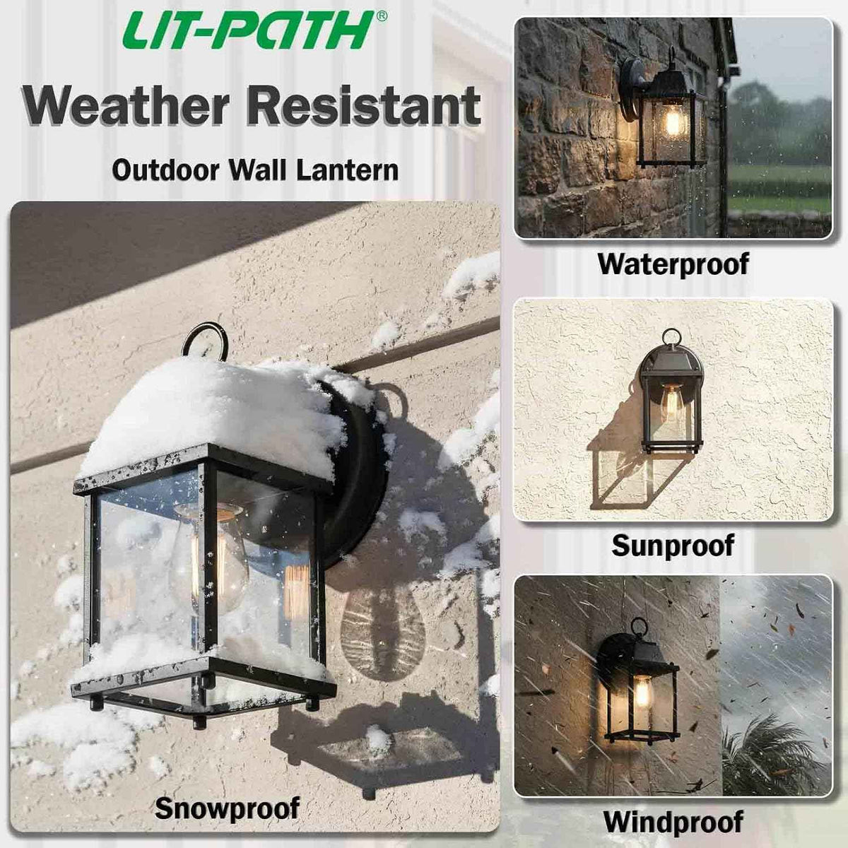 LIT-PaTH Outdoor Wall Light Fixture, Aluminum Glass, Black, 1 Pack | Exterior Porch Light Wall Sconce Lantern for House, Patio, Garage, Waterproof, E26 Socket 60W Max