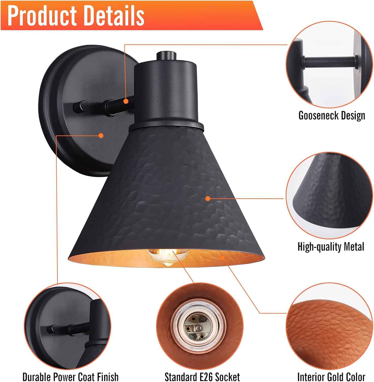 2 Pack Outdoor Wall Sconces,Wall Lights Fixture Exterior Farmhouse Lamps | Porch Light with Hammered Metal Shade,Anti-Rust Waterproof Black Outside Barn Light for Front Porch Patio Garage Gazebo House