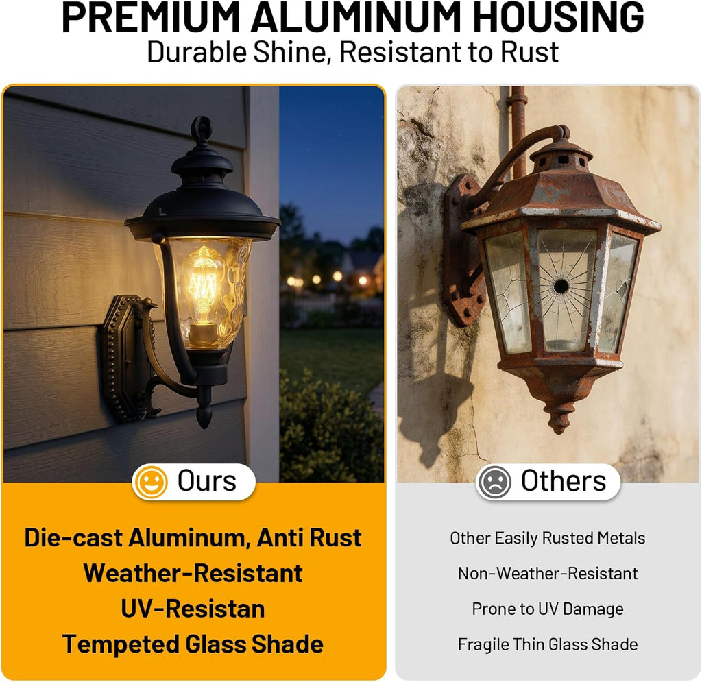 Porch Lights Outdoor Light Fixtures Wall Mount Exterior Lights | 18.7" Vintage Outdoor Wall Light with Water Ripple Glass Shade, Waterproof Aluminum Exterior Wall Sconce for Porch Patio Yard