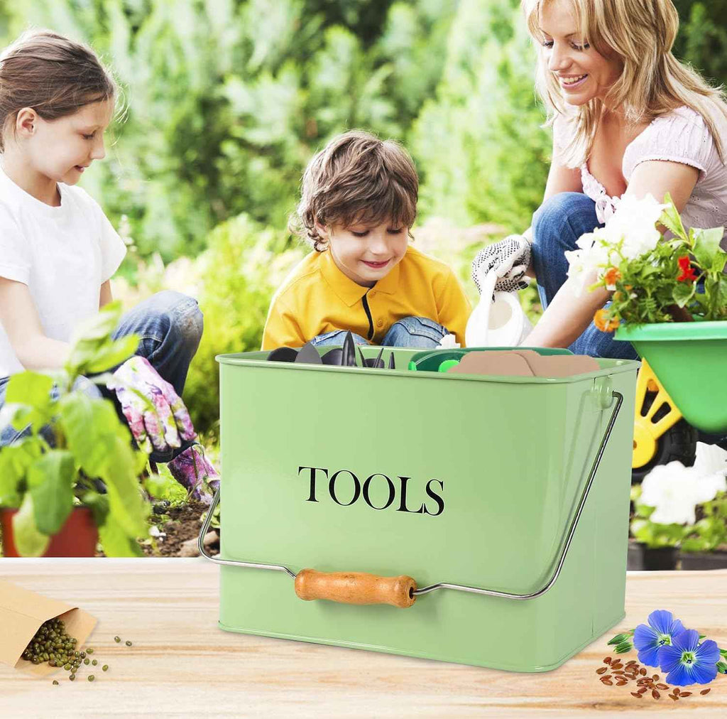 Garden Tool Organizer, Metal Tool Caddy with 3 Compartments, Portable Garden Tool Basket with Handle, Gardening Tool Kit Holder Empty, Garden Tool Storage for Indoor and Outdoor Use - Green