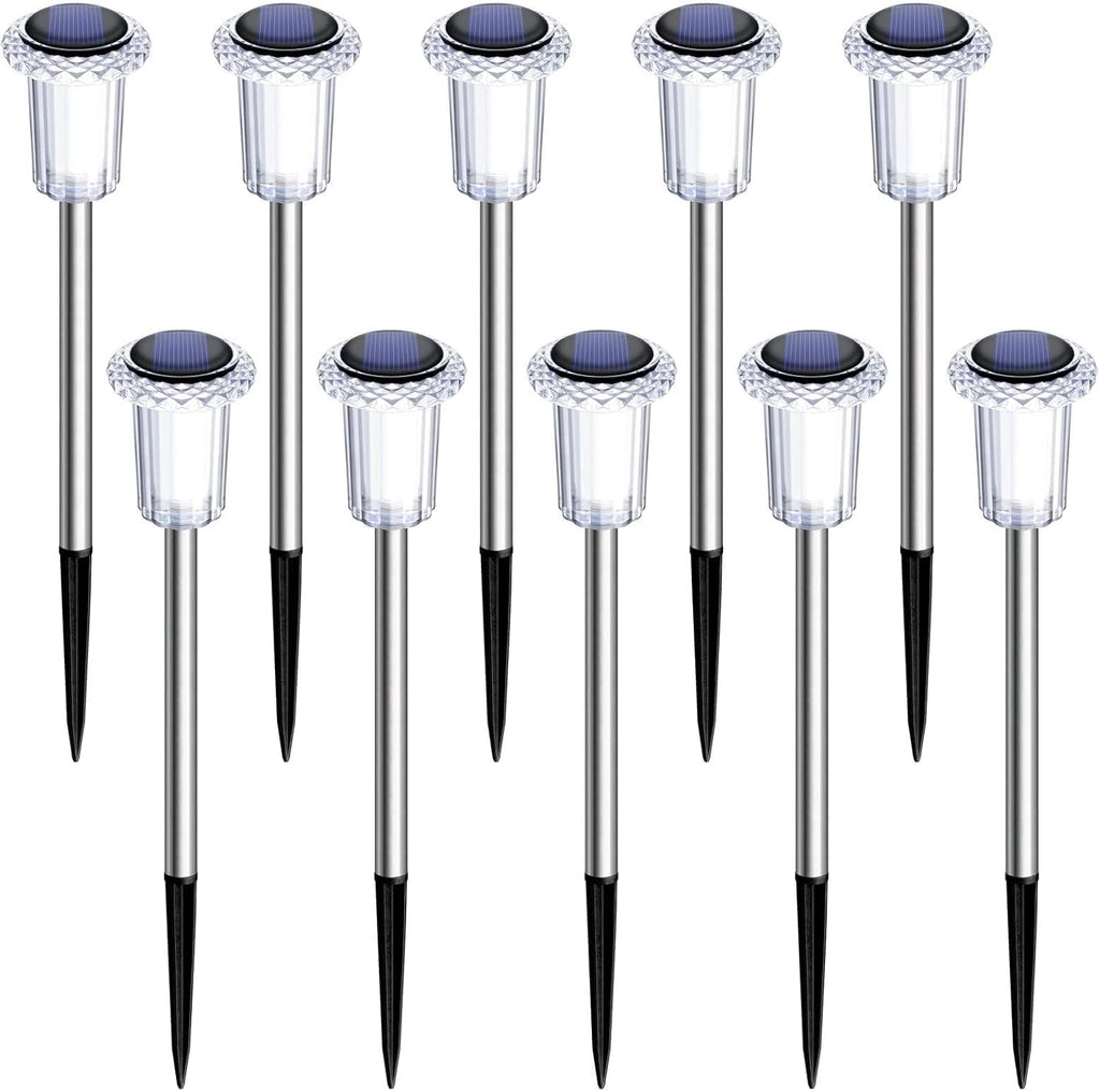 DenicMic Solar Lights Outdoor Waterproof 10 Pack Pathway Lights Cool White | Stake Lights for Yard Garden Driveway Walkway Outside Landscape Path Lights, Auto On/Off 6000K LED, Stainless Steel Pole