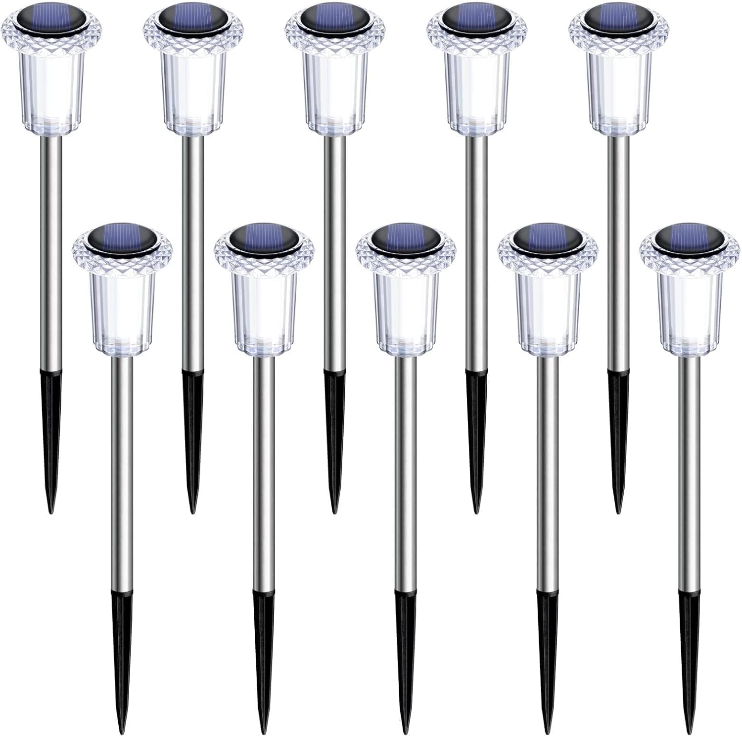 DenicMic Solar Lights Outdoor Waterproof 10 Pack Pathway Lights Cool White | Stake Lights for Yard Garden Driveway Walkway Outside Landscape Path Lights, Auto On/Off 6000K LED, Stainless Steel Pole