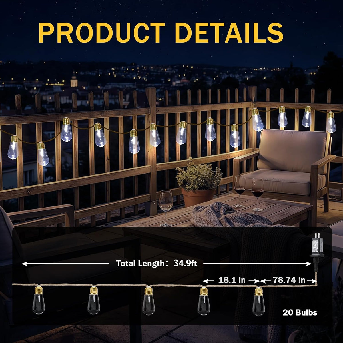 (New) Outdoor String Lights, 24FT LED Patio String Lights, UL-Plug Waterproof 8 Modes Rustic Hemp Rope String Lights, Shatterproof Plastic Bulbs for Backyard, Garden, Porch, Wedding, Christmas Decor