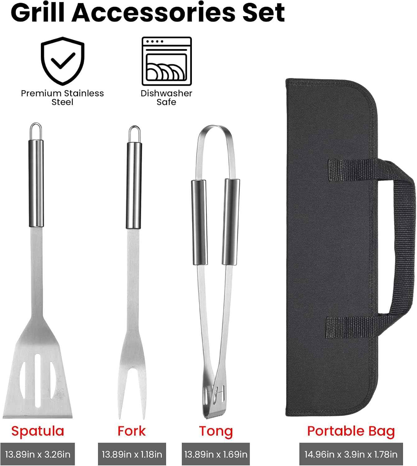 Grilling Accessories Tool Kit 4-Piece, Stainless Steel Barbeque Grilling Tools Set for Men with Carry Bag for Outdoor Grilling BBQ Tools Kit