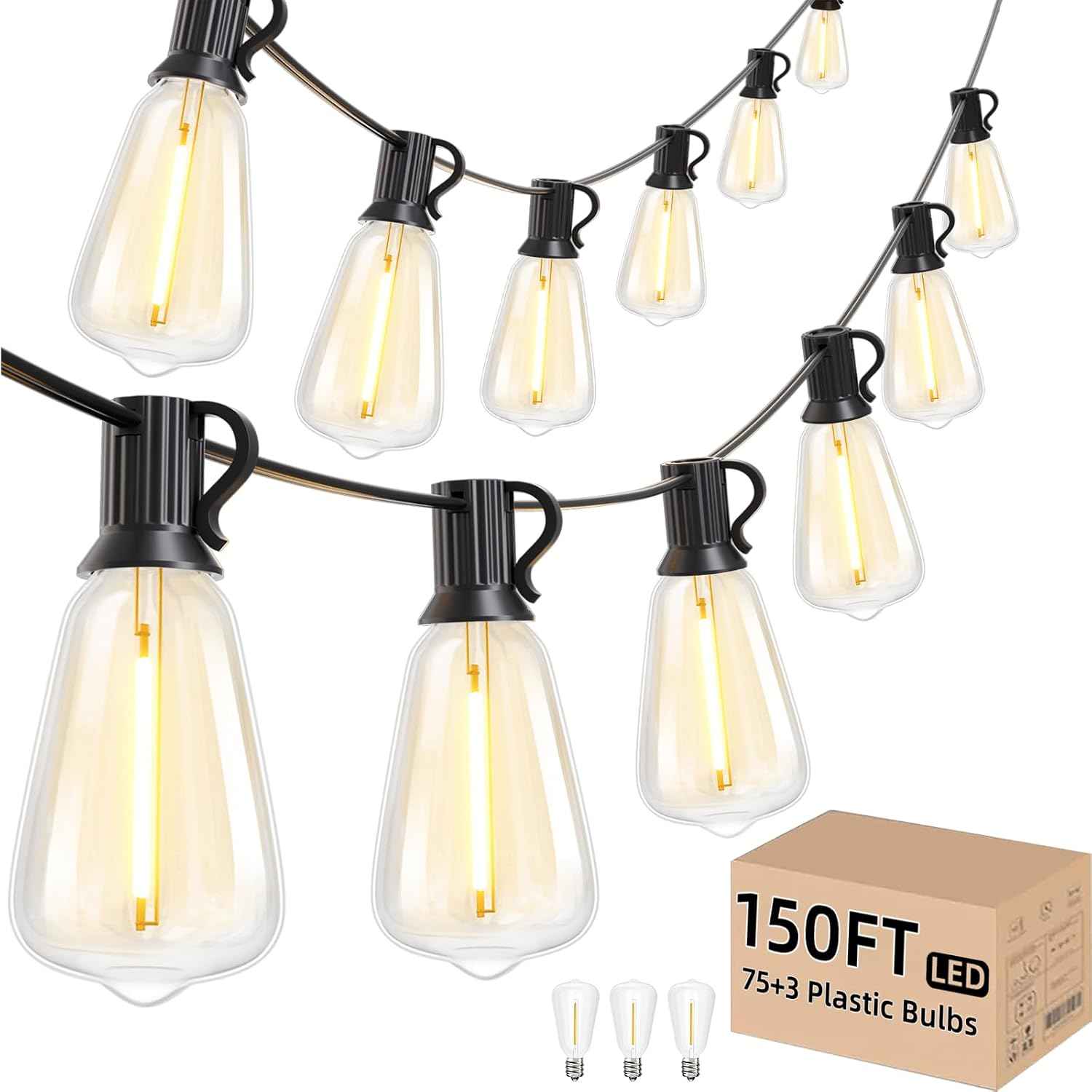 Svater Outdoor String Lights 150 FT Outside Patio Light 78 LED Bulbs | Waterproof Hanging Lighting For Bistro Cafe Market Backyard, Shatterproof Dimmable Edison Bulb, Warm White 2700K