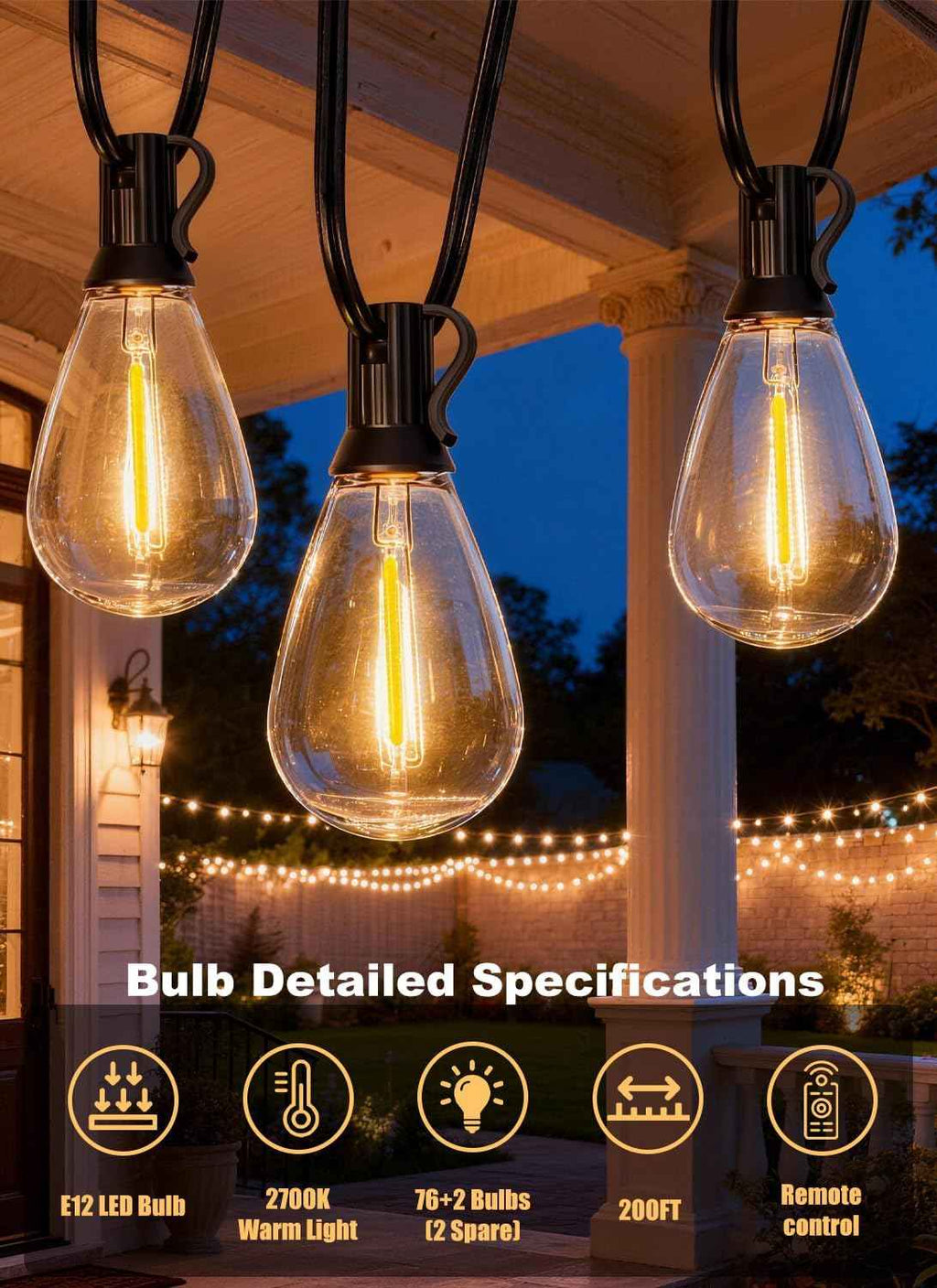 200FT Outdoor String Lights Waterproof, 76+2 Shatterproof S11 LED Bulbs, Extra Long Patio Lights for Outside, Bistro Cafe Decor, Backyard Garden Hanging Lights, Outside Fence Light String