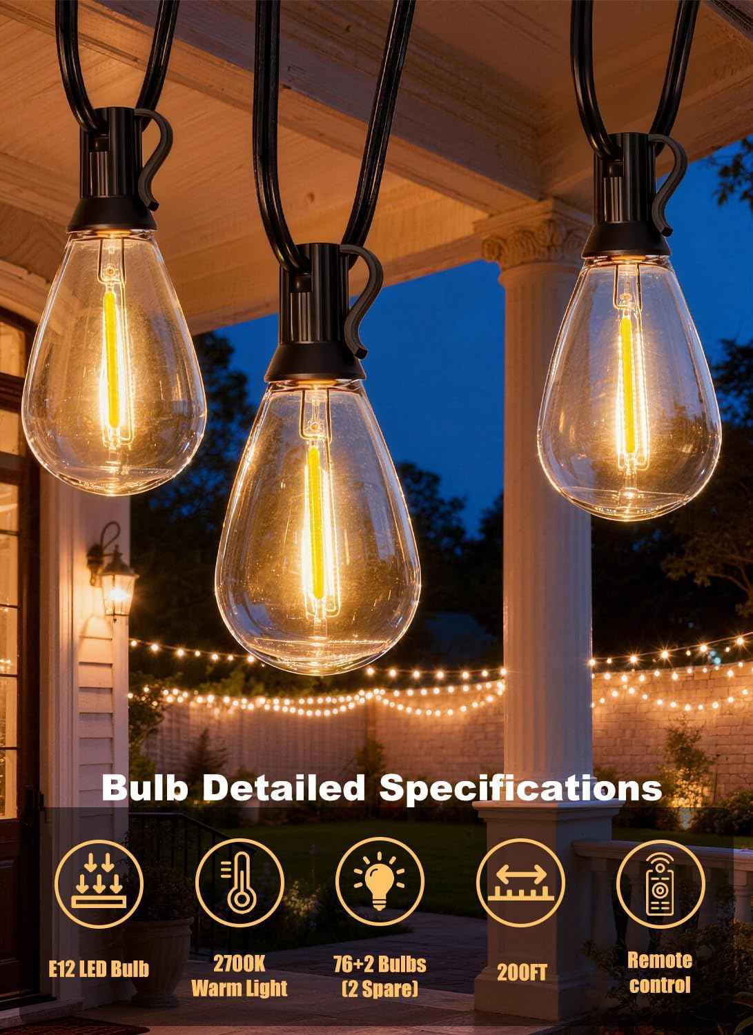 200FT Outdoor String Lights Waterproof, 76+2 Shatterproof S11 LED Bulbs, Extra Long Patio Lights for Outside, Bistro Cafe Decor, Backyard Garden Hanging Lights, Outside Fence Light String