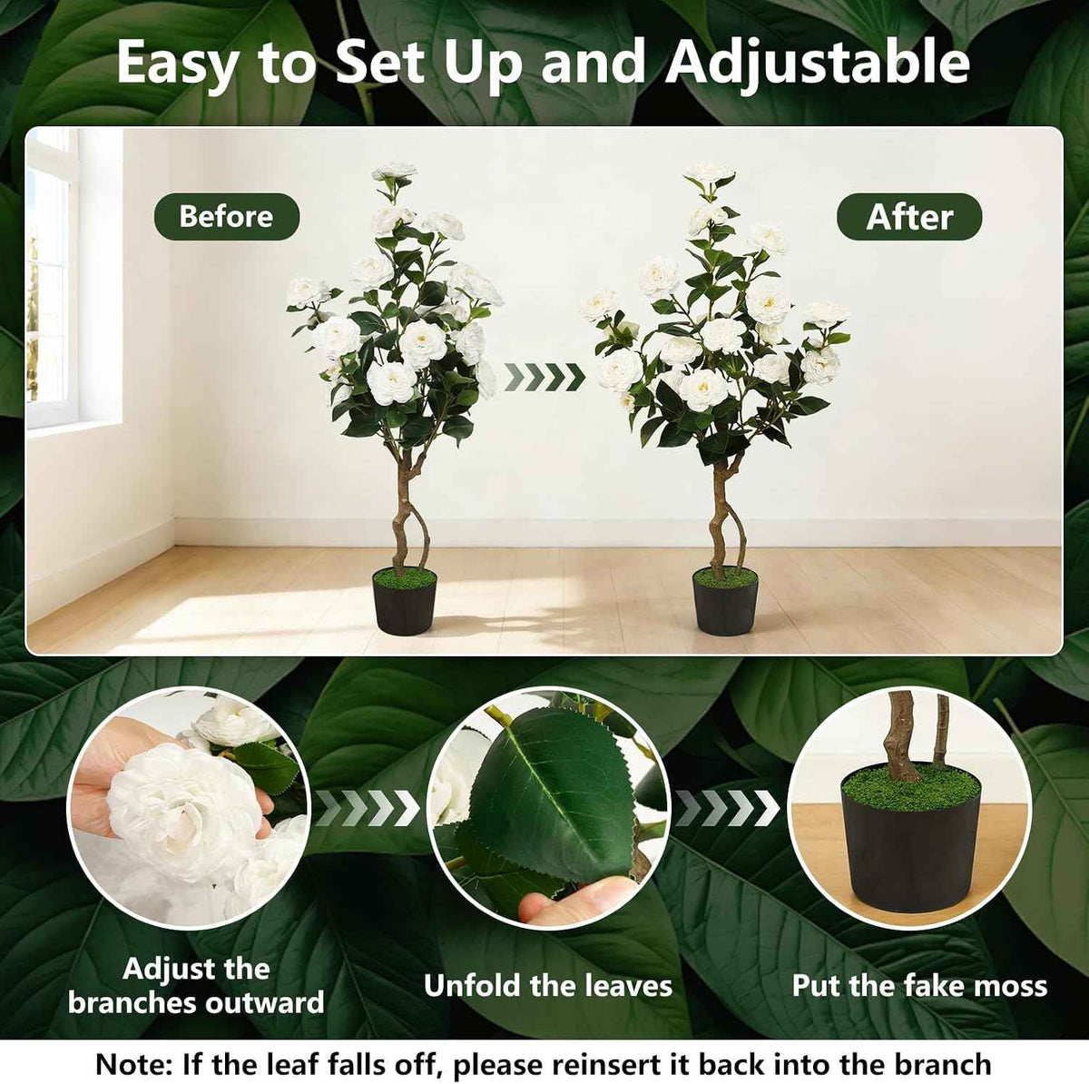 Artificial Camellia Tree 2 Pack, 42'' Faux Camellia Plant in Pot with 24 Blooming Flowers, Fake Greenery Potted Plant for Indoor Outdoor Home Floor Office Porch Decor (White)