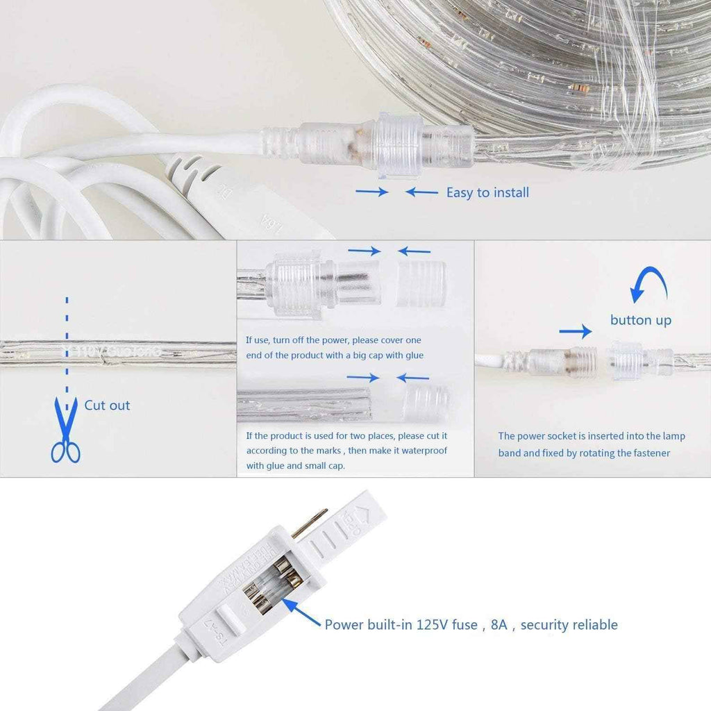 50ft/15m Plug in LED Rope Lights, 540 Warm White LEDs, 110V, Waterproof, Connectable,Power Socket Connector Fuse Holder, Indoor/Outdoor Use, Ideal for Backyards, Decorative Lighting