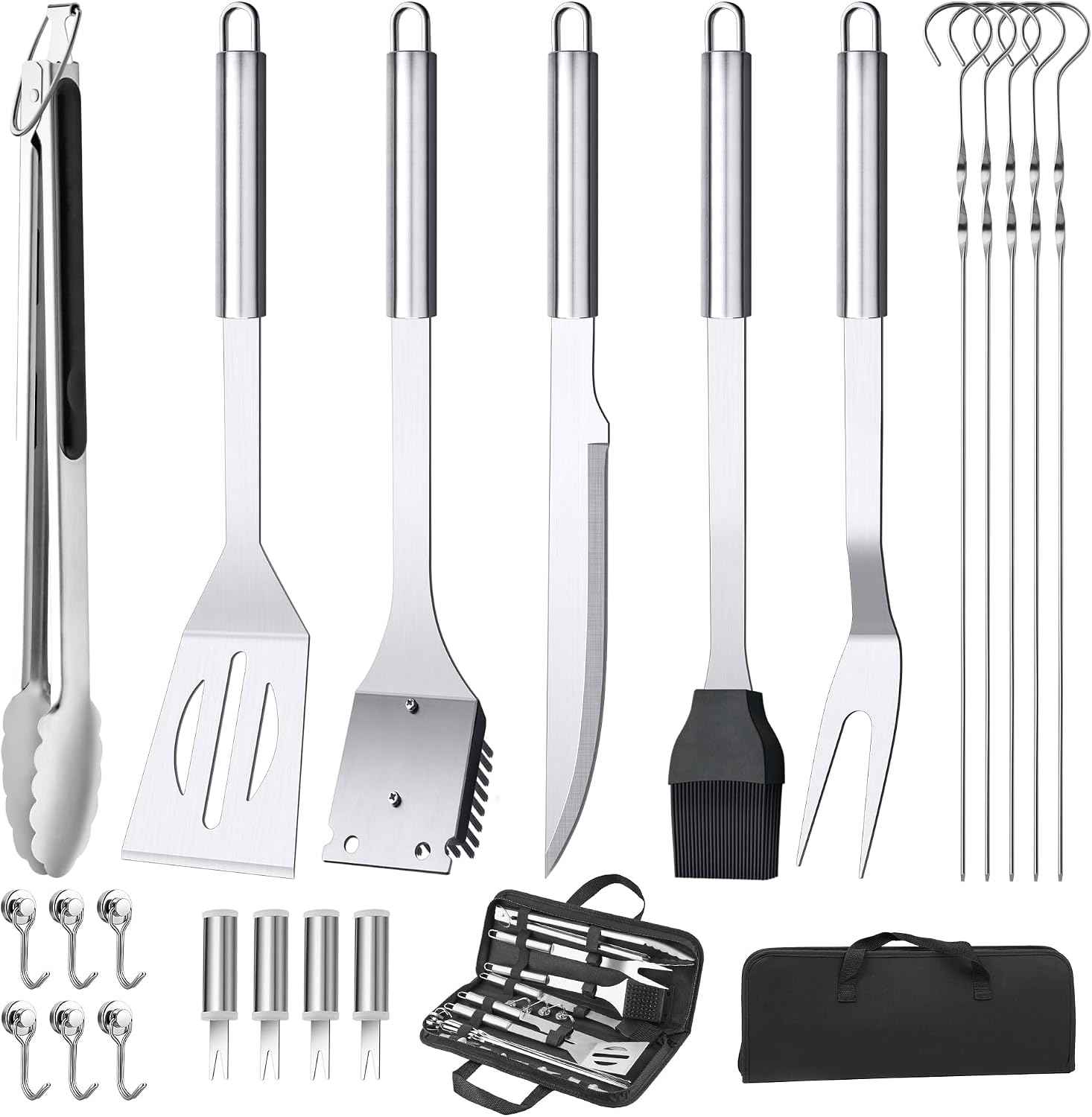 BBQ Accessories Grill Tools Set,Stainless Steel Barbecue Grill Accessories | Easy to Carry,with Canvas Bag,Barbecue Utensils Grilling Accessories,for Outdoor Barbecue,Gifts for Men ( Sliver-22PCS )