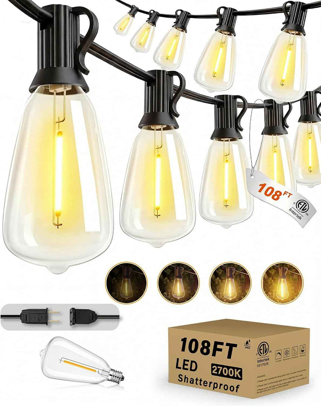 Outdoor String Lights, 108FT (30+1) ST38 String Lights for Outside | IP65 Waterproof, ETL Listed, Shatterproof, End-to-end Connection, Dimmable, 2700K LED Lights for Backyard, Balcony, Garden