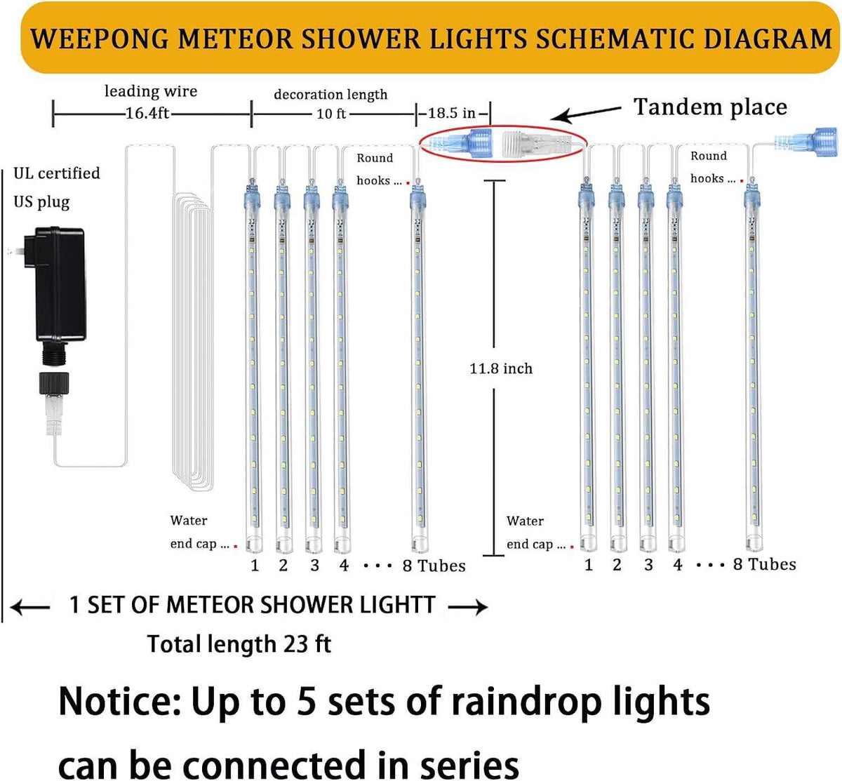 Weepong Meteor Shower Lights Outdoor Christmas Lights UL Certified Falling Rain Drop Snowfall Icicle Cascading String Light for Xmas Holiday Tree Wedding Party Garden Decor Blue, 12 Inch 8 Tubes