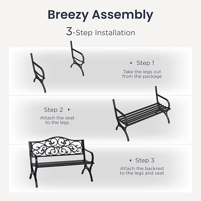 PHI VILLA 50-Inch Cast Iron Steel Frame Garden Bench Outdoor Patio Bench Chair - Image 6