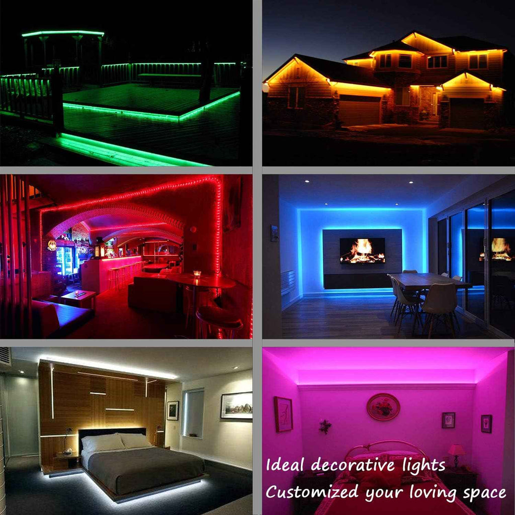 Outdoor 16.4ft RGB Rope Lights, 120V Remote IP65 Decor | 150 LEDs, 8 colors, 6 modes, IR remote, dual-fuse ETL plug; connects up to 65.6ft