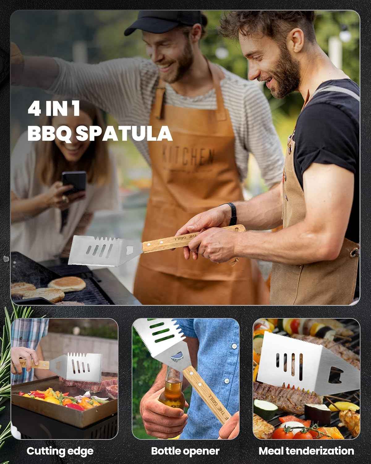 4PCS Grilling Accessories BBQ Tools - Stainless Steel Grill Set with Tongs, Fork, Spatula, Brush, Carrying Bag, Birthday for Men, Father, Husband