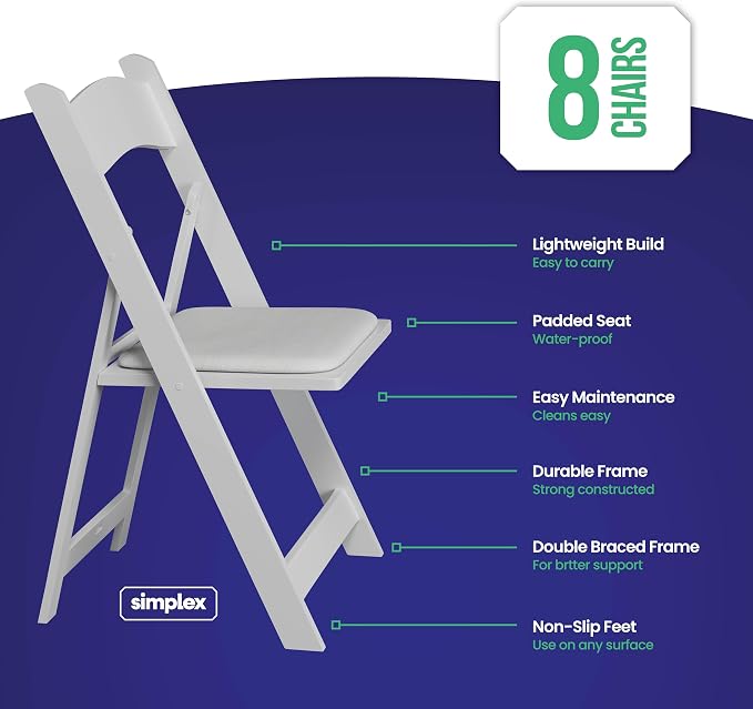 SIMPLEX 8 White Folding Chairs – Resin Stackable Foldable Chairs - Image 3