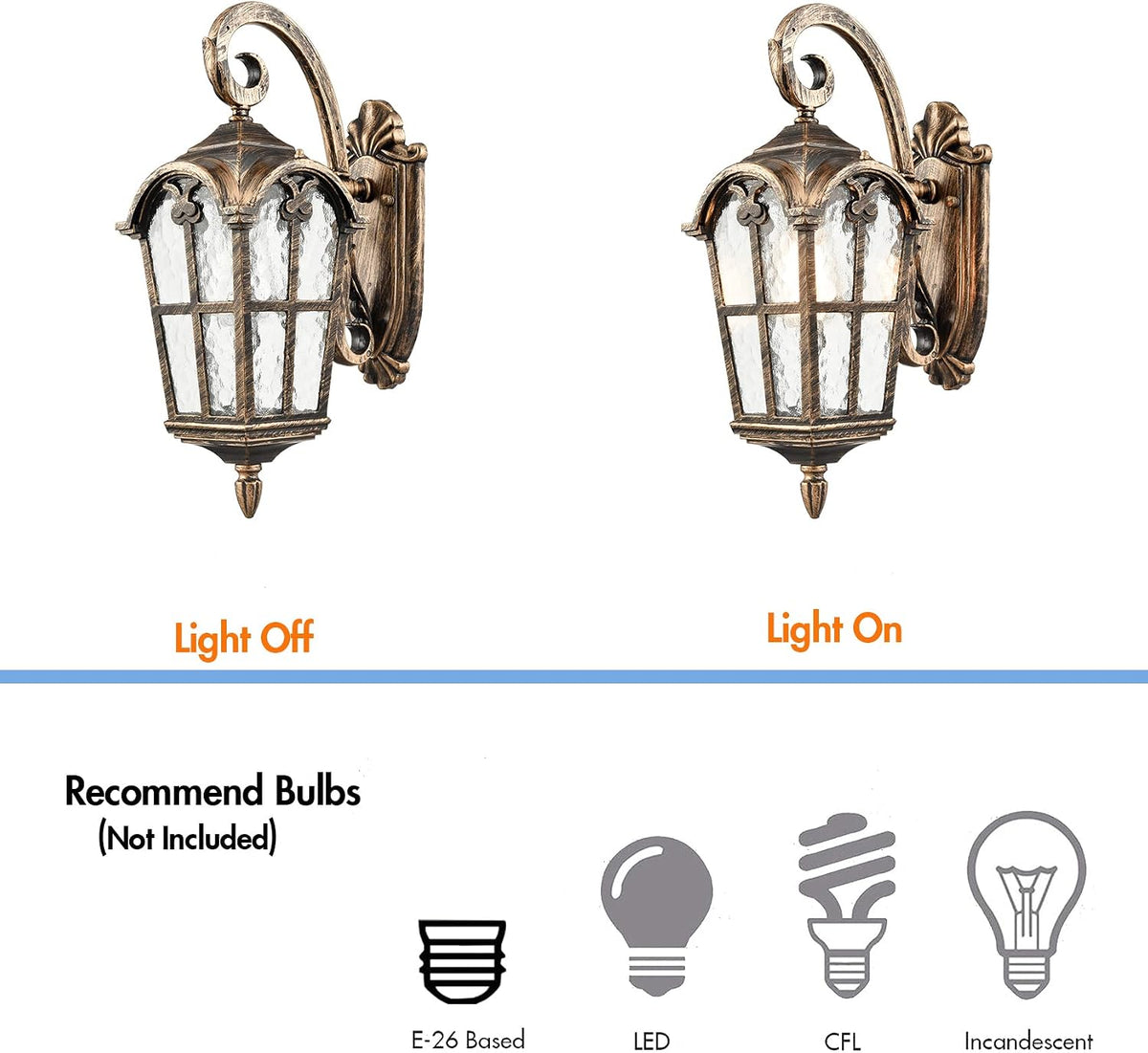 YUBOLE Outdoor Wall Lights Waterproof Wall Sconce Hammered Texture Glass | Exterior Wall Lantern for Front Porch Patio Garage Weather Resistant, Antique Brass