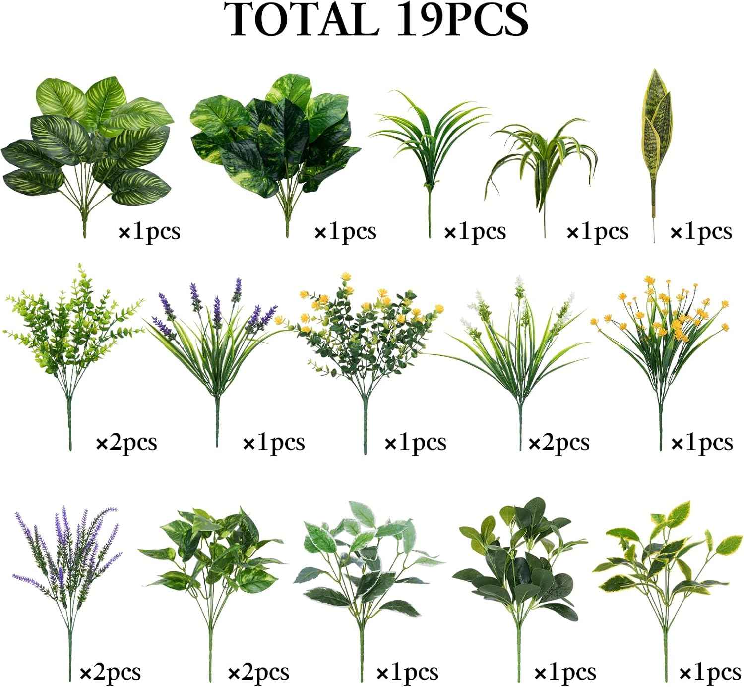 GTIDEA 19 Pcs Outdoor Faux Plants Artificial Plants & Flowers, UV Resistant | Fake Plastic Leaves Greenery Stems for Outside Window Box Hanging Baskets Garden Patio Front Porch Decor