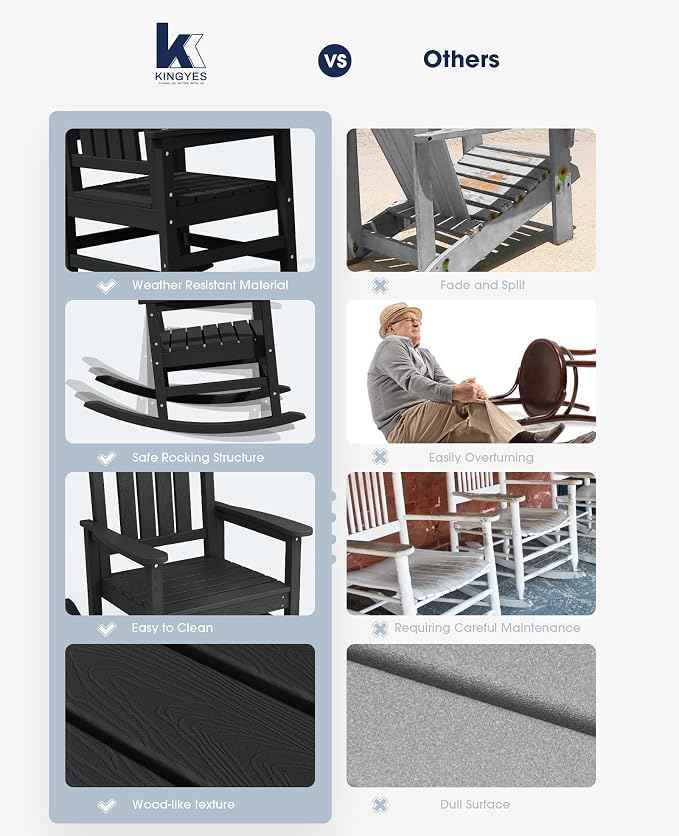 KINGYES Outdoor Rocking Chairs, HDPE All-Weather Patio Rocking Chairs High Back