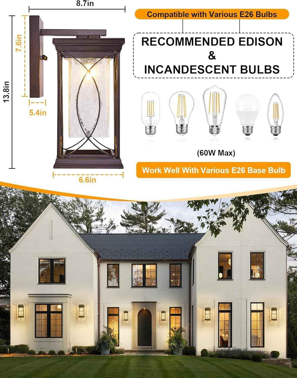 Oil Rubbed Bronze Outdoor Sconce Dusk to Dawn Exterior Light Fixtures Wall Mount Porch Light Modern Outdoor Wall Light Aluminum with Crack-Like Glass IP65 Waterproof Outside Coach Light for House
