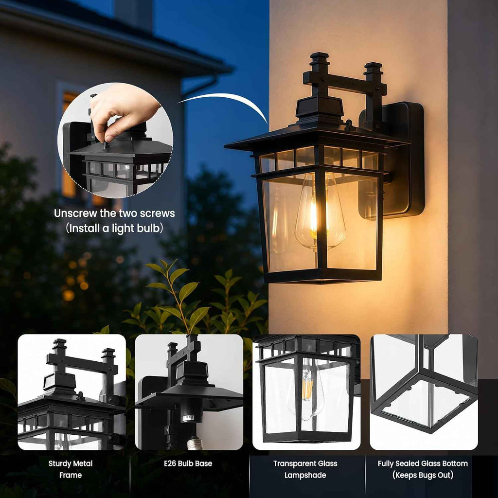 13'' Black Medium Outdoor Wall Light Fixture with Closed Bottom | Waterproof Outdoor Porch Lights with Clear Glass Lampshade for House, Garage, Patio, Weather Resistance, E26 Base
