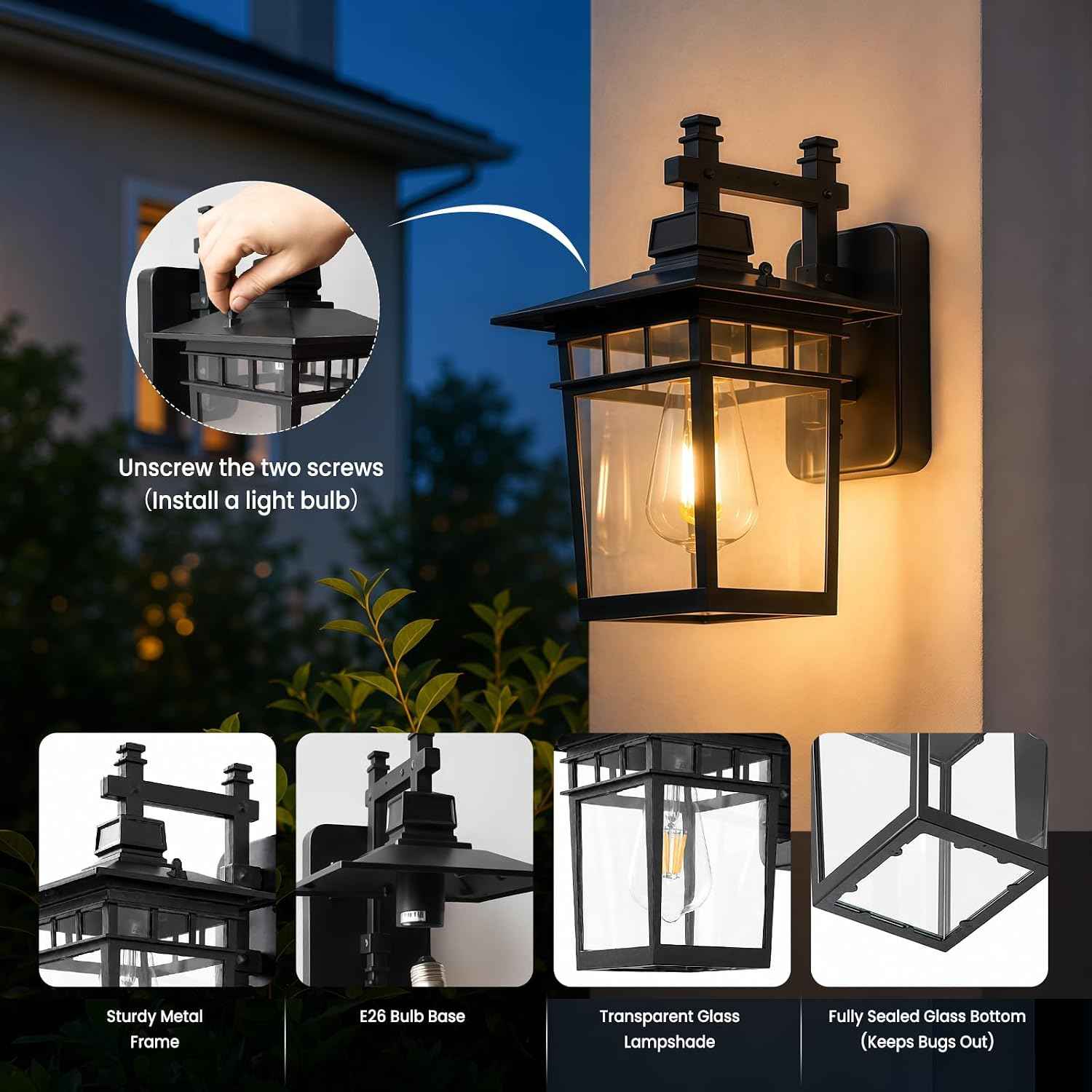 13'' Black Medium Outdoor Wall Light Fixture with Closed Bottom | Waterproof Outdoor Porch Lights with Clear Glass Lampshade for House, Garage, Patio, Weather Resistance, E26 Base