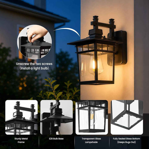13'' Black Medium Outdoor Wall Light Fixture with Closed Bottom | Waterproof Outdoor Porch Lights with Clear Glass Lampshade for House, Garage, Patio, Weather Resistance, E26 Base