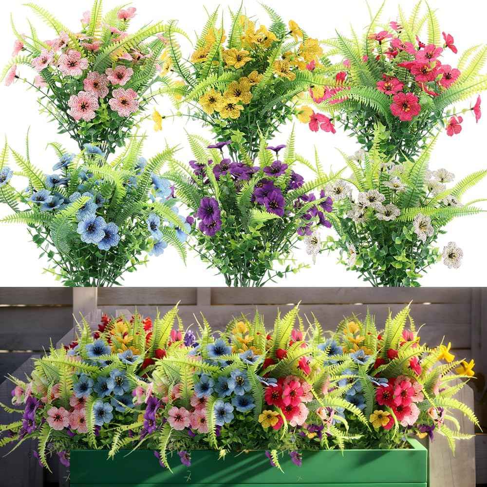 ZEOSTARO Artificial Outdoor Plants 12 Bundles Fake Boston Fern with Eucalyptus Flowers Faux UV Resistant Greenery Garden Window Box Porch Farmhouse Hanging Decor(Mix Flowers&Fern)