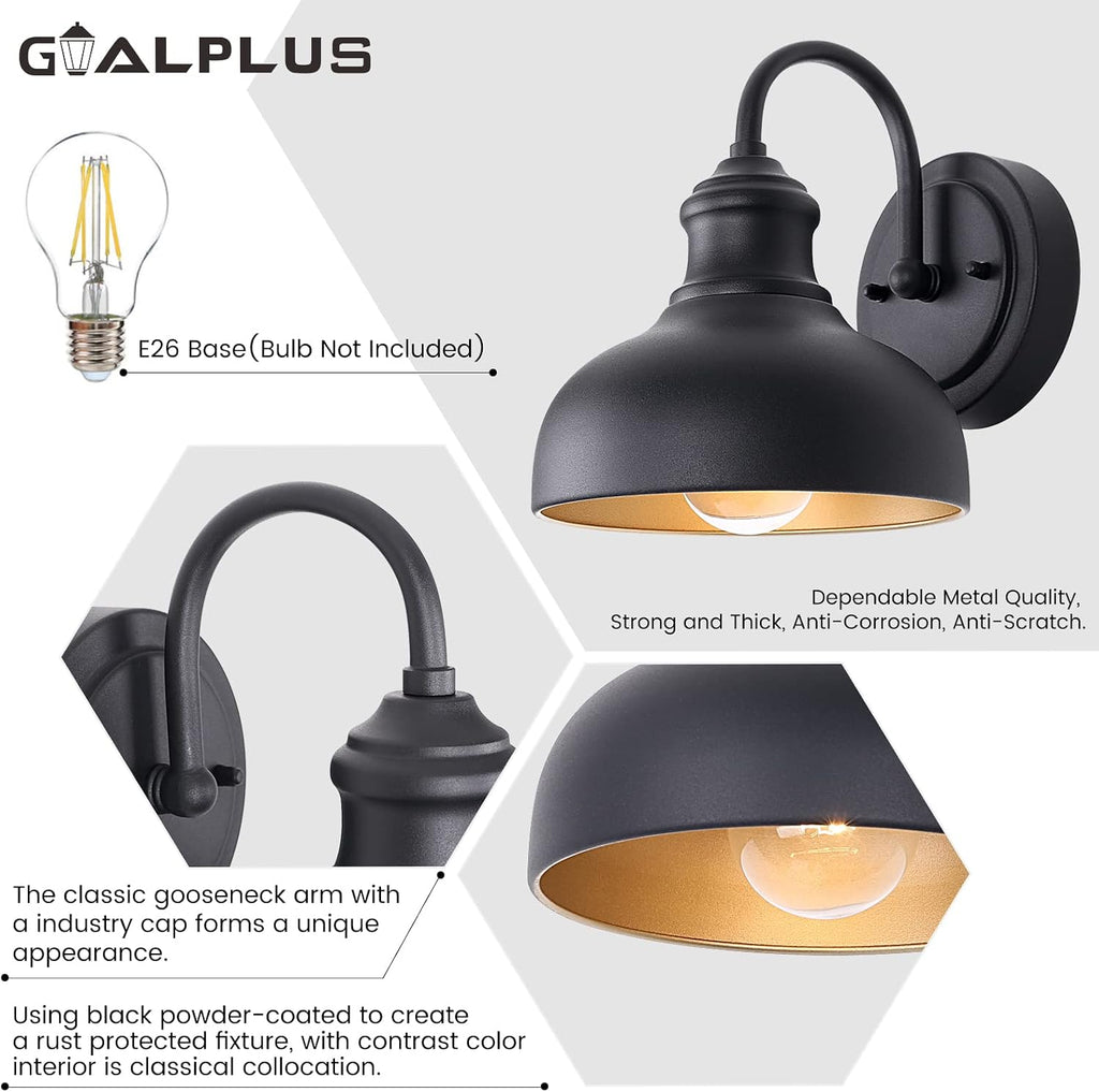 Black Outdoor Gooseneck Lighting for Barn 7 Inch Farmhouse Exterior Light Fixtures with Wall Mount, Small Porch Light with Brass Interior, Outside Gooseneck Wall Sconce for House Garage Patio