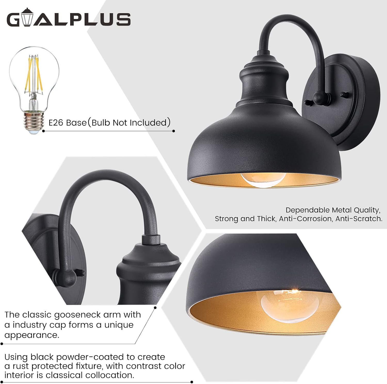 Black Outdoor Gooseneck Lighting for Barn 7 Inch Farmhouse Exterior Light Fixtures with Wall Mount, Small Porch Light with Brass Interior, Outside Gooseneck Wall Sconce for House Garage Patio