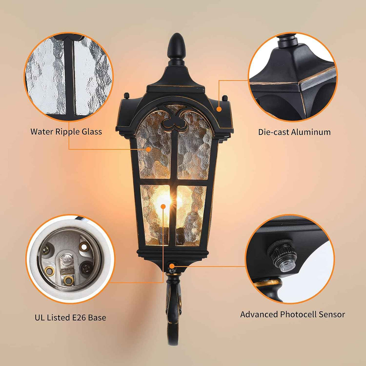 LONEDRUID 17.71" Dusk to Dawn Sensor Black Outdoor Wall Light Fixture | Exterior Wall Lantern Waterproof Sconce Rustic Porch Lights Wall Mount for House Garage Doorway, ETL Listed