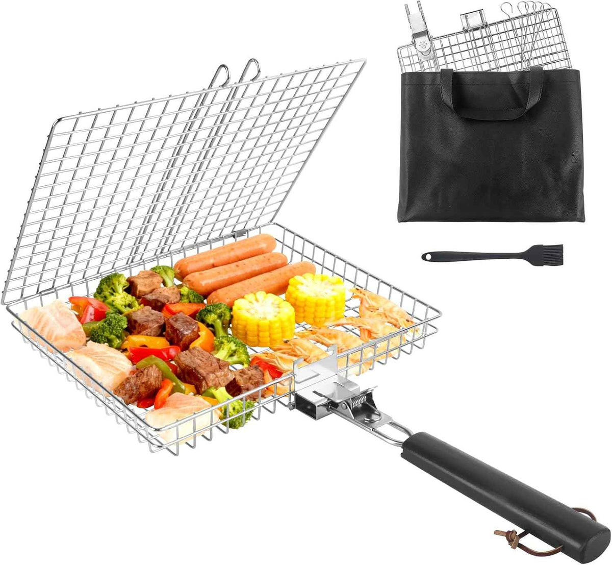 Fish Grill Basket for Outdoor Grill, Grilling Basket With Removable Handle, Portable BBQ Set Barbecue Rack for Shrimp Pork Veggies, Camping Grilling Accessories With Brush, Metal Skewers and Carry Bag