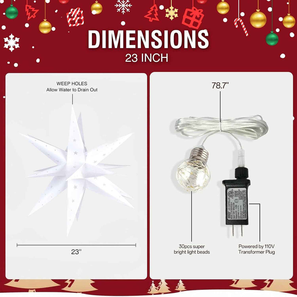 23" Plug-in Moravian Star Outdoor Light with Timer, Warm White 3D PVC Christmas Star IP44 Waterproof Hanging Decoration for Porch, Garden, Wedding, Indoor Holiday Display