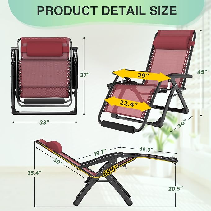 Suteck Oversized Zero Gravity Chair, 29In XL Outdoor Recliner Chair w/Removable - Image 2
