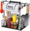 Grill Caddy for Outdoor Grill with 2 Paper Towel Holders,Barbecue Tool Sets Storage Organizer,BBQ Caddy for Outdoor Grill with 9 Compartments & 8 Hooks,Picnic Caddy Grilling Gifts for Men