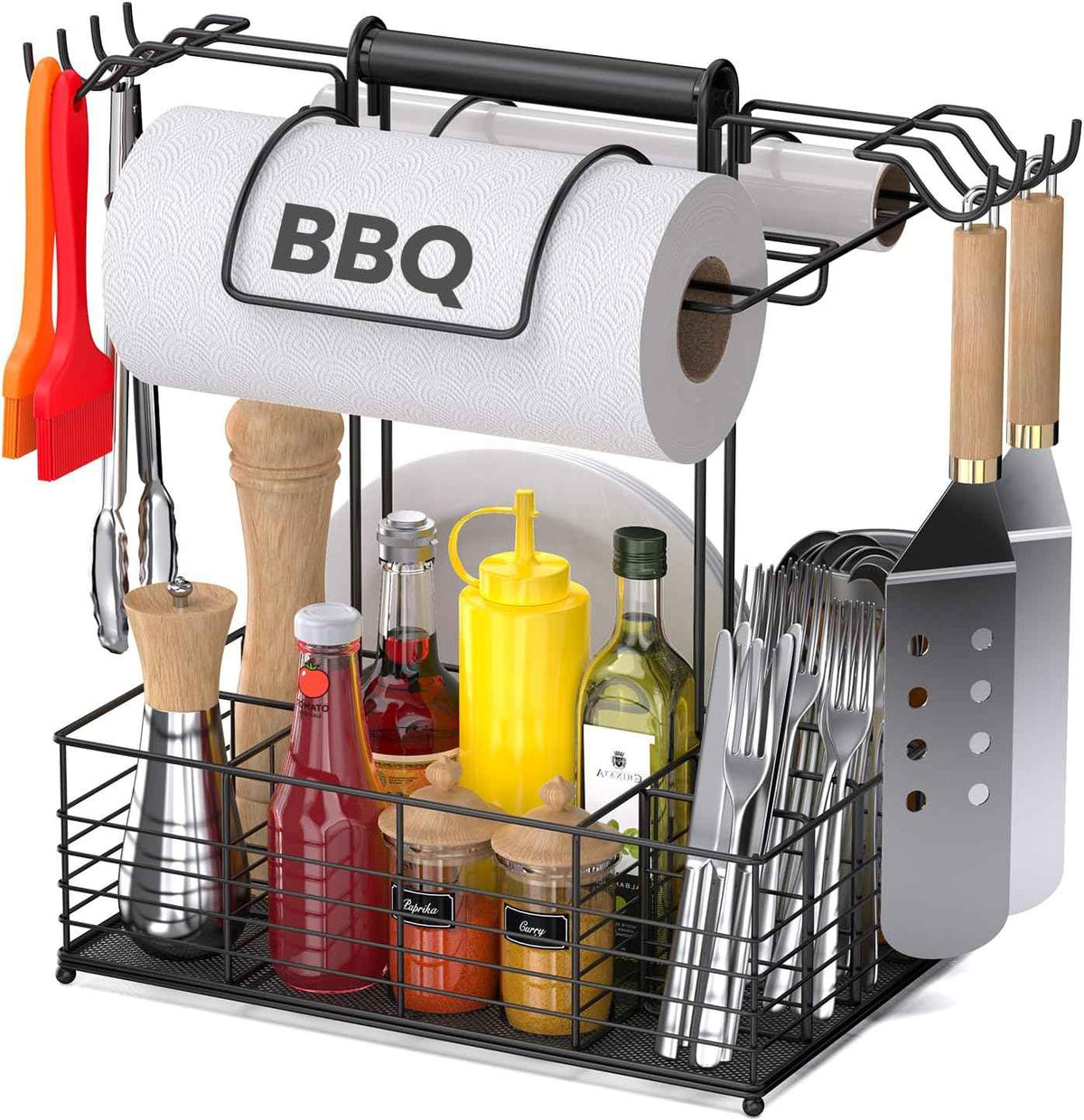 Grill Caddy for Outdoor Grill with 2 Paper Towel Holders,Barbecue Tool Sets Storage Organizer,BBQ Caddy for Outdoor Grill with 9 Compartments & 8 Hooks,Picnic Caddy Grilling Gifts for Men