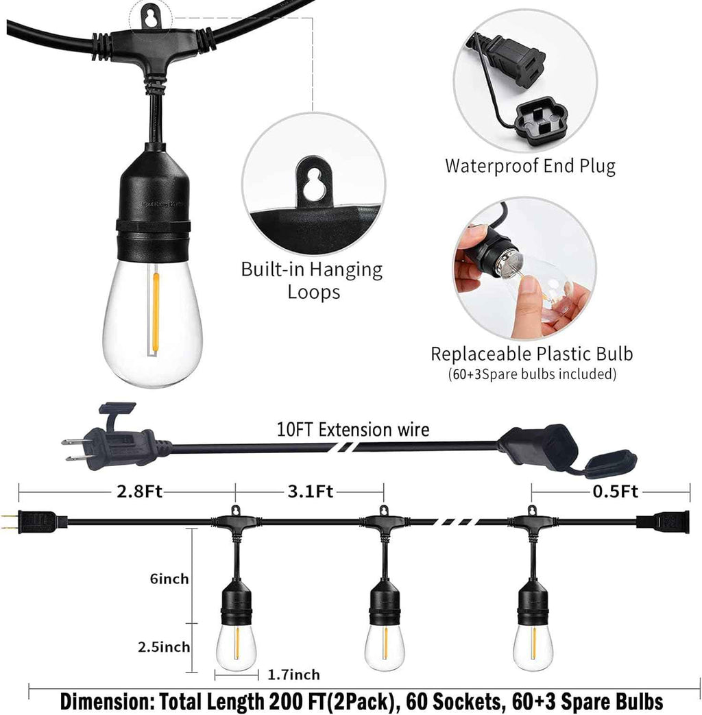200FT String Lights for Outside LED Patio Lights Outdoor Waterproof | 63 Shatterproof Led Edison Lights,2200K Warm White Bistro Lights,Outdoor String Lights for Backyard Patio Gazebo Pergola Café