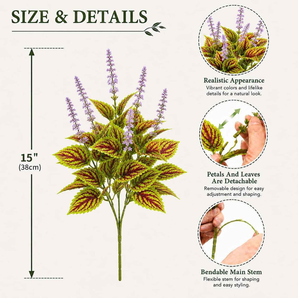 Artificial Coleus Flowers, 6 Faux Plants for Outdoor Planters -Green | Realistic Coleus Leaf Texture UV-Resistant for Outdoor Use Lush and Full Appearance No Watering or Maintenance Required