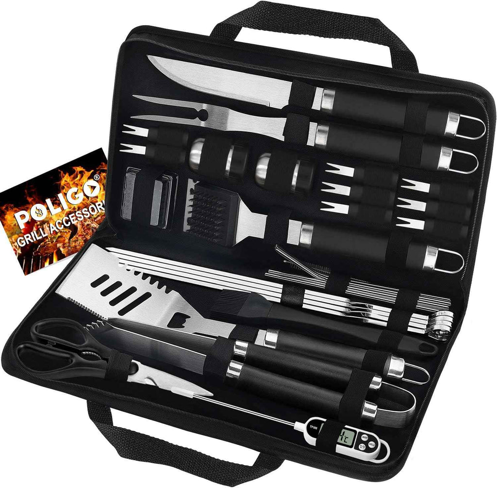 POLIGO 29 PCS BBQ Grill Accessories Stainless Steel BBQ Tools Grilling Tools Set with Storage Bag for Fathers Day Dads Birthday Presents - Camping Grill Utensils Set Ideal Grilling Gifts for Men Black