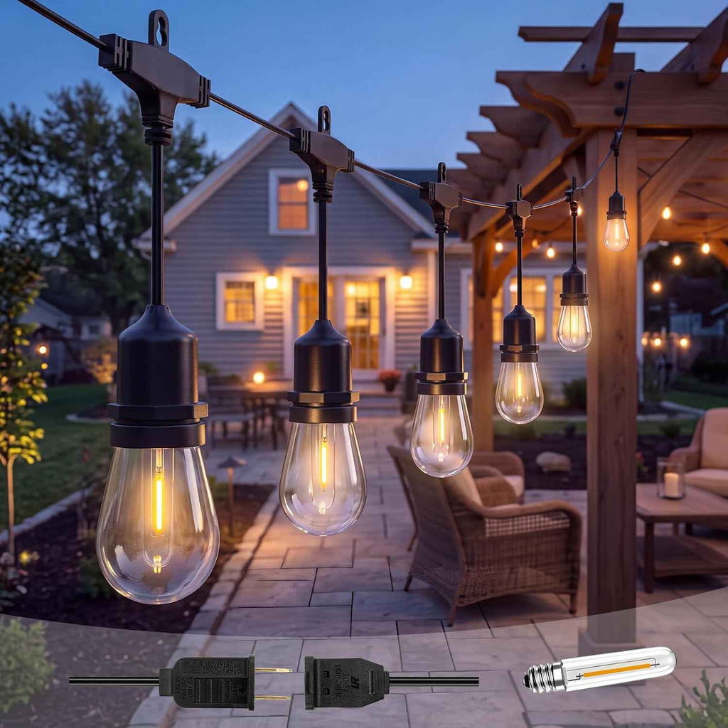 30FT Outdoor String Lights for Patio with 10+1 Shatterproof LED Bulbs | Plug-in Hanging Lights IP65 Waterproof Connectable for Balcony, Camping, Porch, Pool and Backyard; Warm White